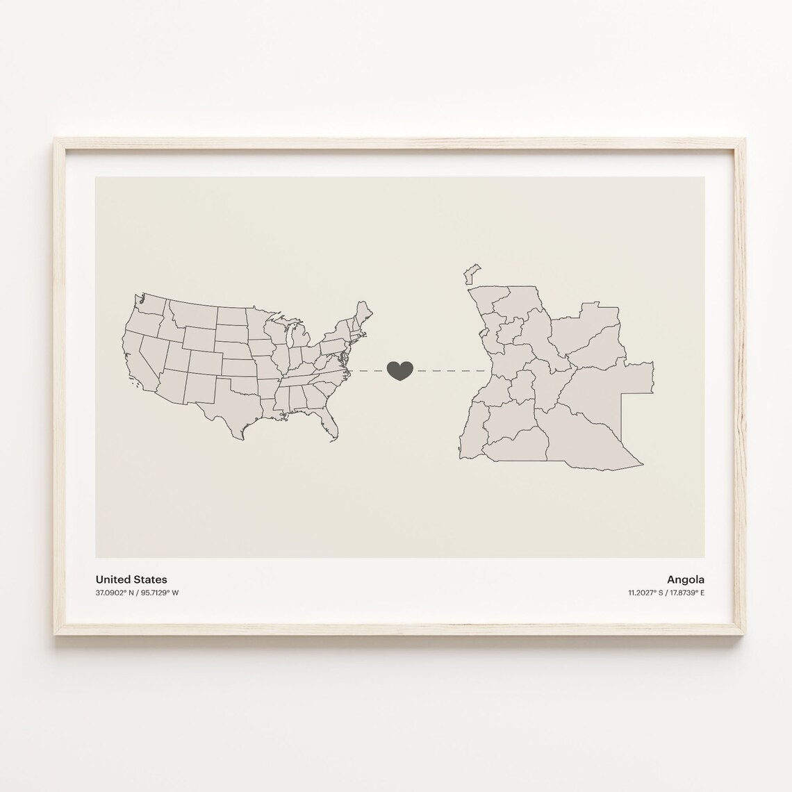 United States to Angola Heart Connection Minimalist Country Map Poster