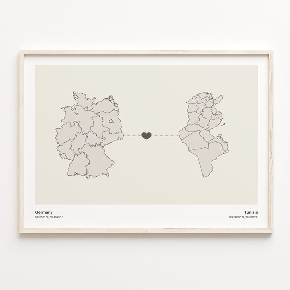 Germany Tunisia Country Connection Heart Map Minimalist Art Poster