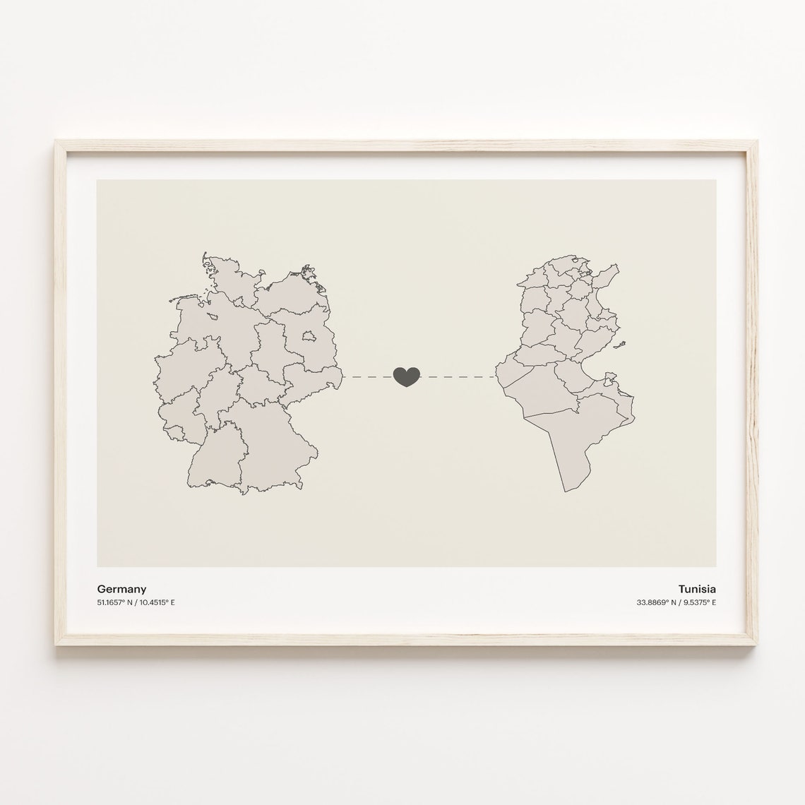 Germany Tunisia Country Connection Heart Map Minimalist Art Poster