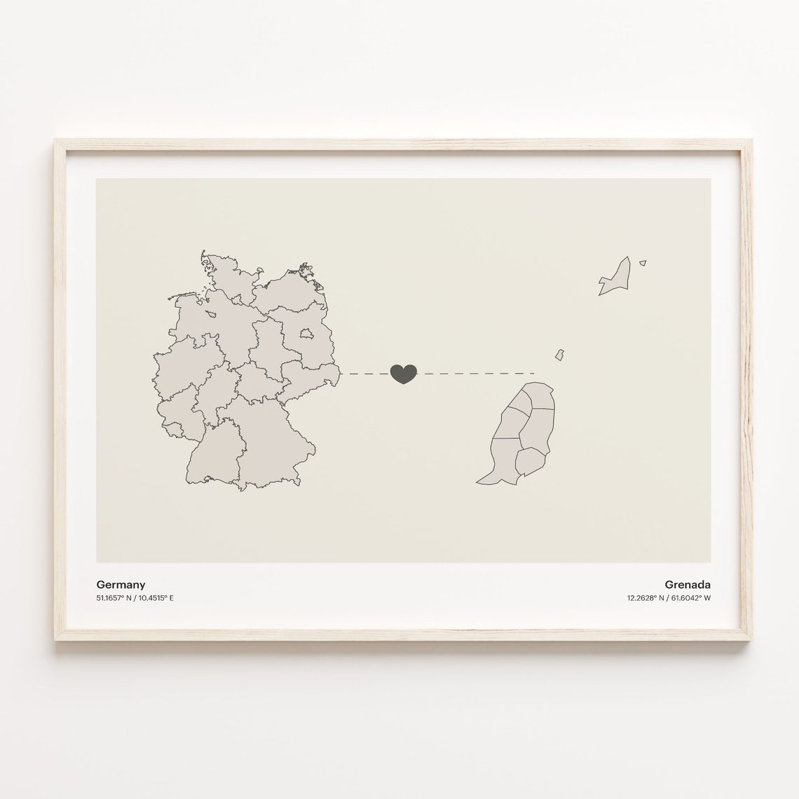 Germany To Grenada Heart Connection Minimalist Map Art Print