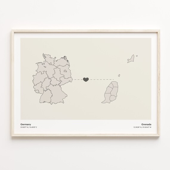 Germany To Grenada Heart Connection Minimalist Map Art Print