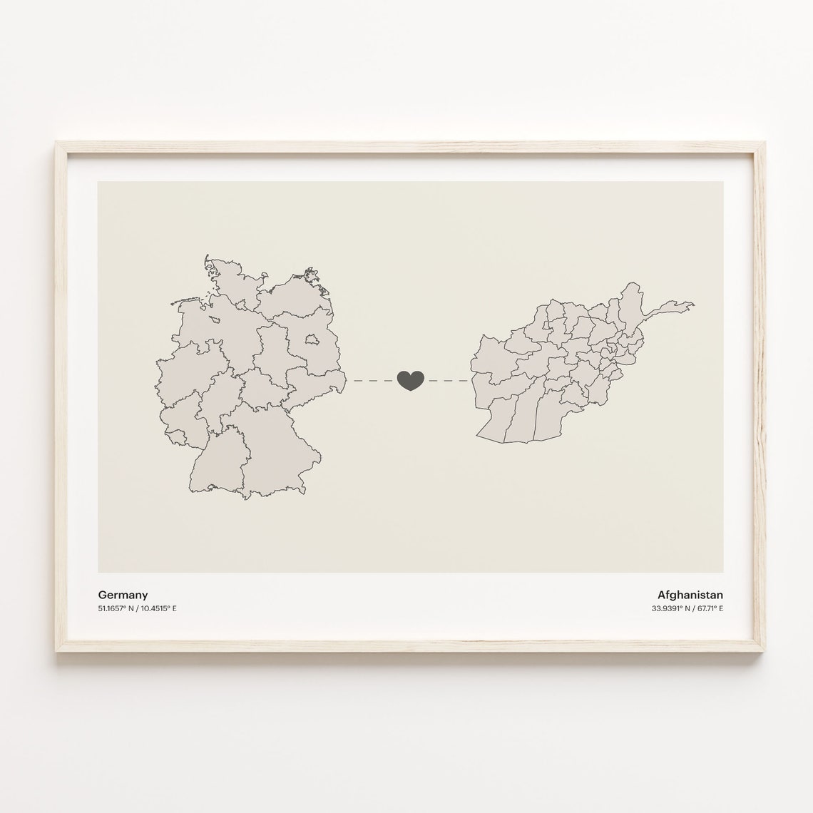 Germany to Afghanistan Heart Connection Map Long Distance Gift Poster