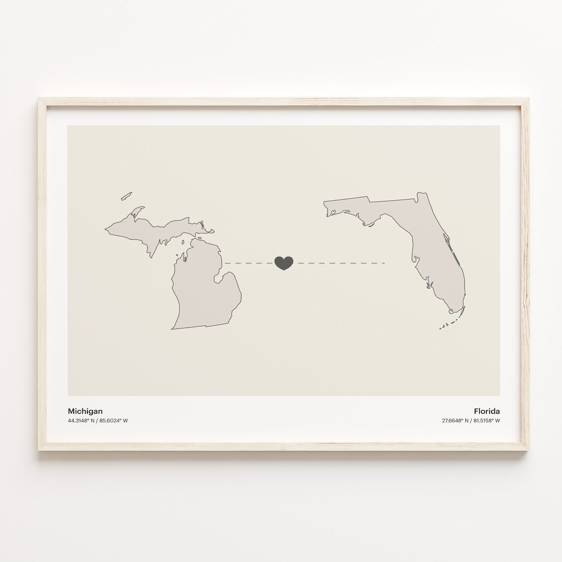Michigan To Florida Map Print, Minimalist Travel Poster