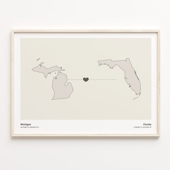 Michigan To Florida Map Print, Minimalist Travel Poster