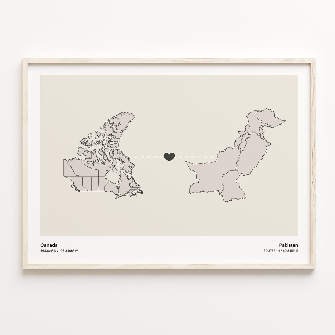 Canada Pakistan Heart Connection Map Minimalist Long Distance Gift Poster