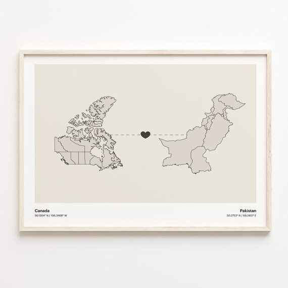 Canada Pakistan Heart Connection Map Minimalist Long Distance Gift Poster
