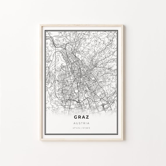Graz City Map Art Print, Modern Black and White
