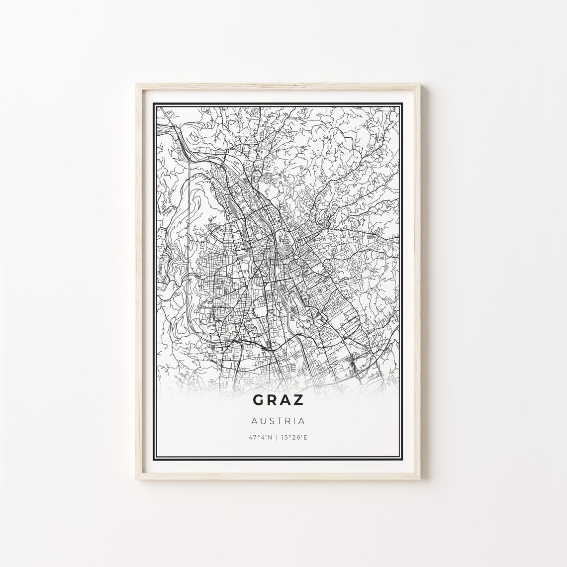 Graz City Map Art Print, Modern Black and White