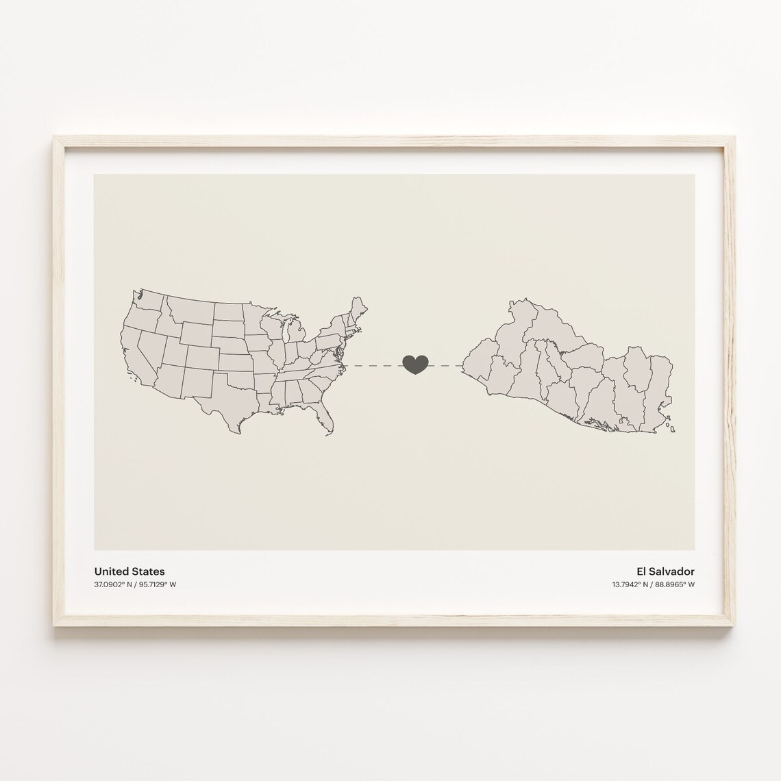 United States To El Salvador Minimalist Heart Map Connection Gift Poster