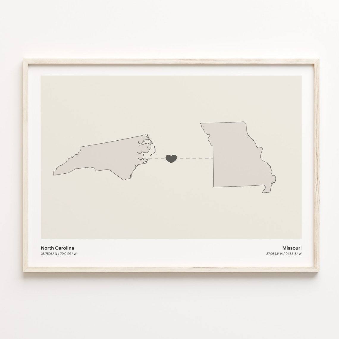 North Carolina To Missouri Minimalist Heart Map Connection Print