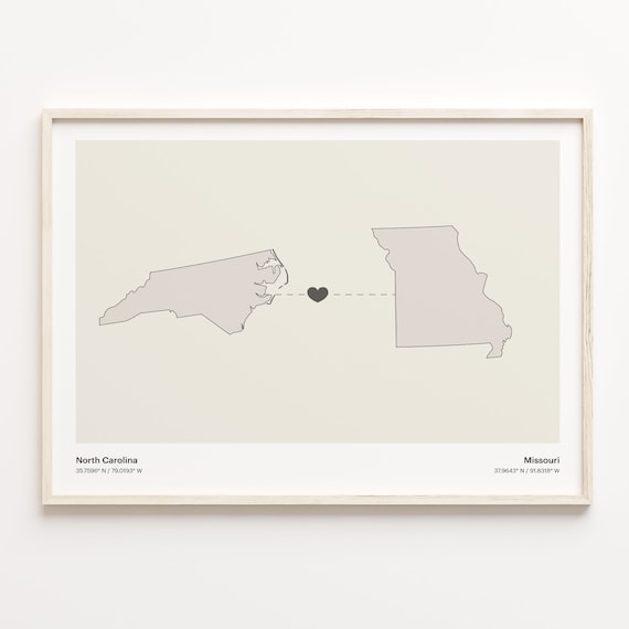 North Carolina To Missouri Minimalist Heart Map Connection Print