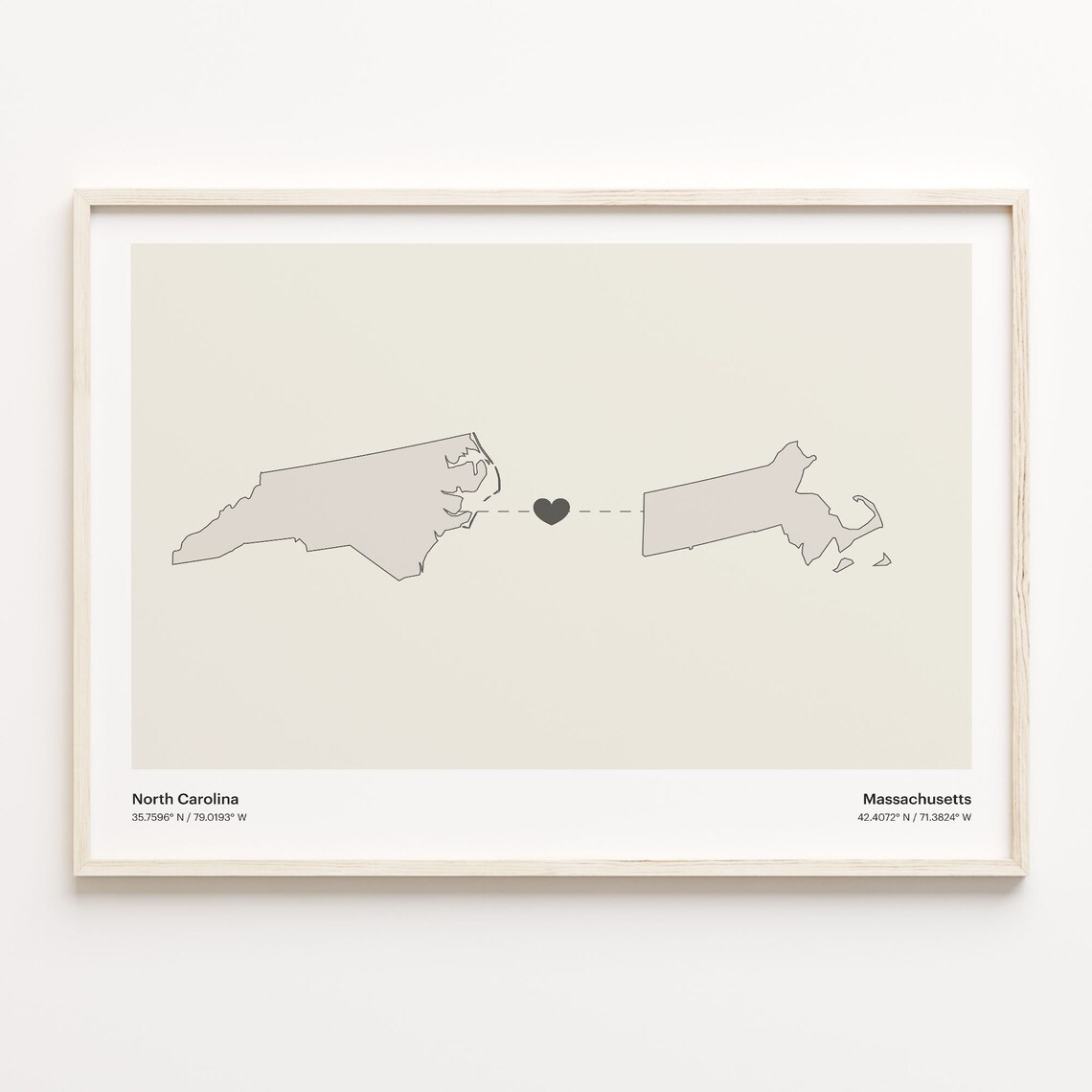 North Carolina to Massachusetts Long Distance Heart Connection Map Poster