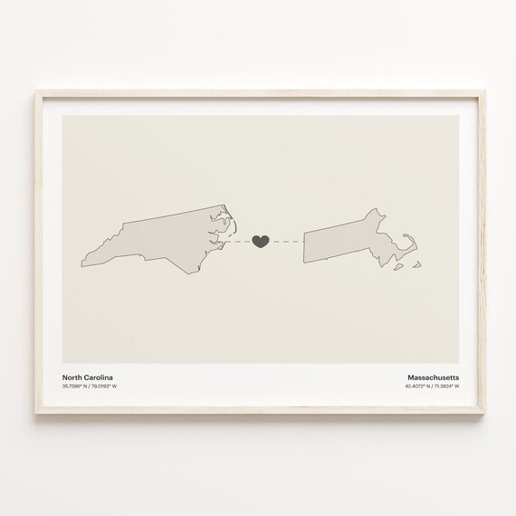 North Carolina to Massachusetts Long Distance Heart Connection Map Poster