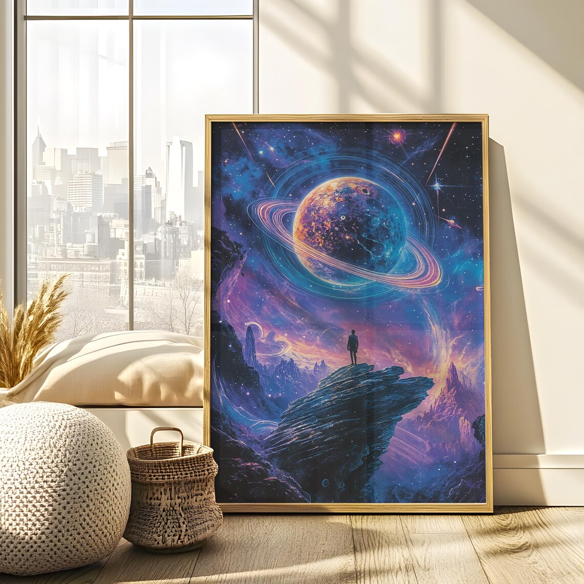 Ringed Planet Cosmic Vista Lone Figure Alien Landscape Sci Fi Poster