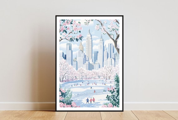 New York City Central Park Winter Ice Rink Skyline Travel Poster