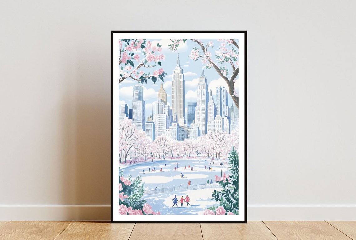 New York City Central Park Winter Ice Rink Skyline Travel Poster