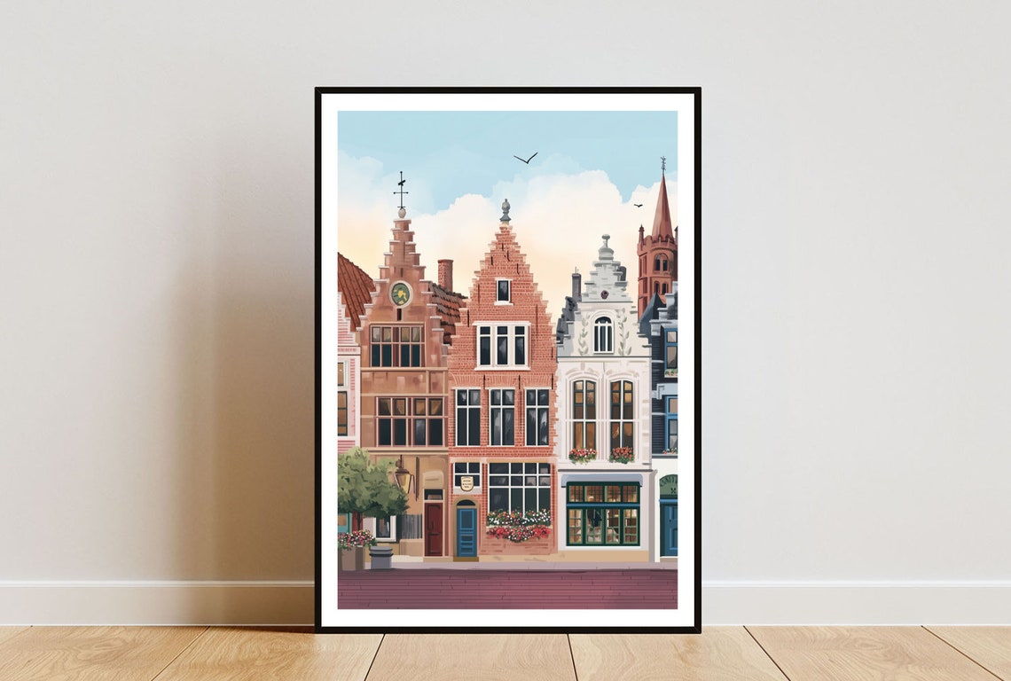 Bruges Historic Stepped Gable Houses Flemish Street Scene Poster