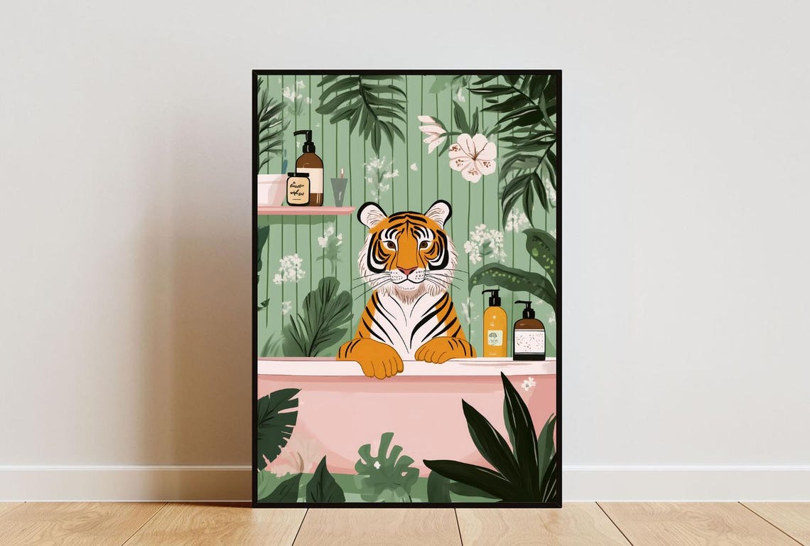 Tiger In Bathtub Bubble Bath Art Print Funny Jungle Animal Wall Decor