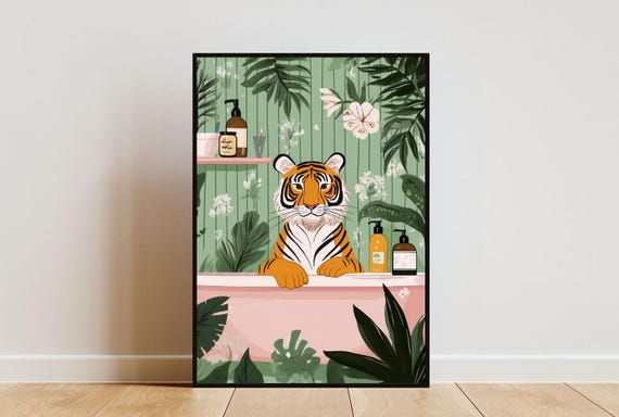 Tiger In Bath Poster Bathtub Poster Bathroom Print Tiger Poster Tiger Wall Art Bathtub Print Boho Bathroom Poster Tiger Print