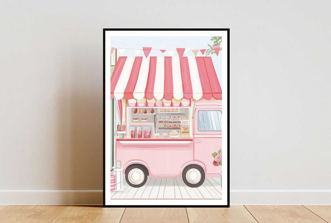 Pink Ice Cream Truck Retro Summer Treats Illustration Poster
