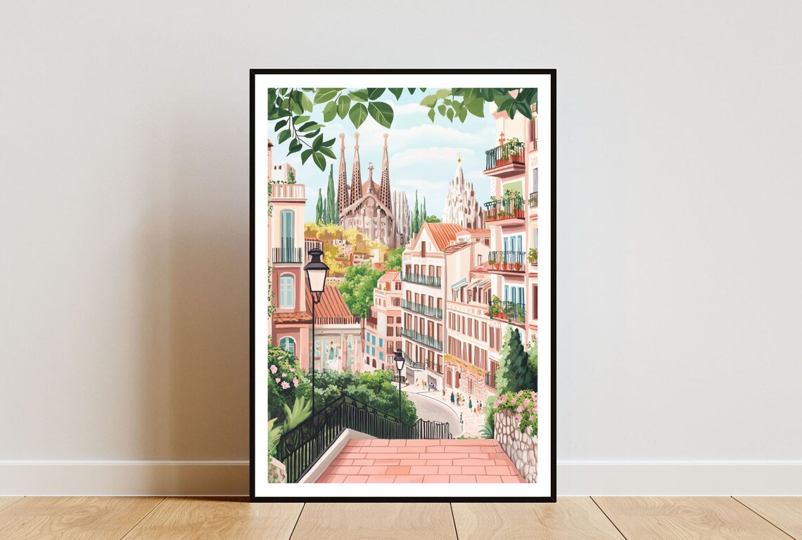 Barcelona Spain Sagrada Familia Street View City Travel Poster
