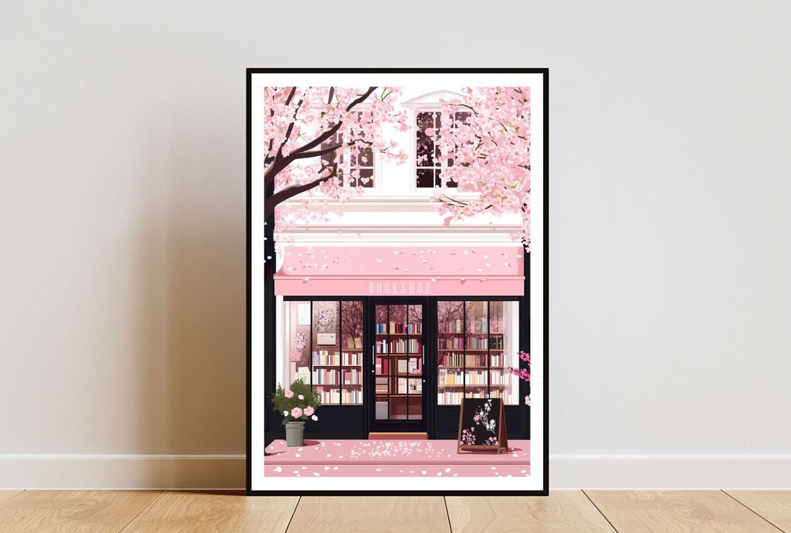Bookshop Cherry Blossom Vintage Art Print