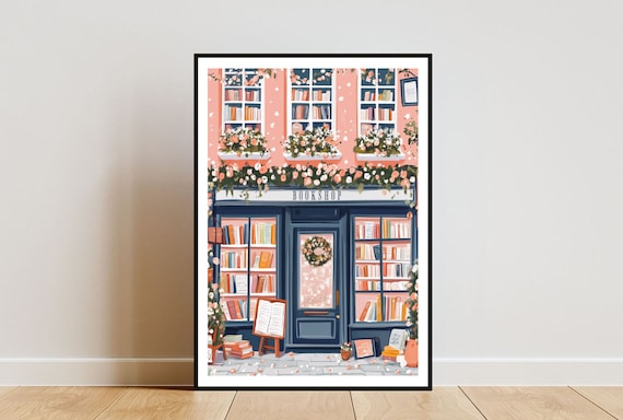 Bookshop Christmas Print, Pastel Library Wall Art
