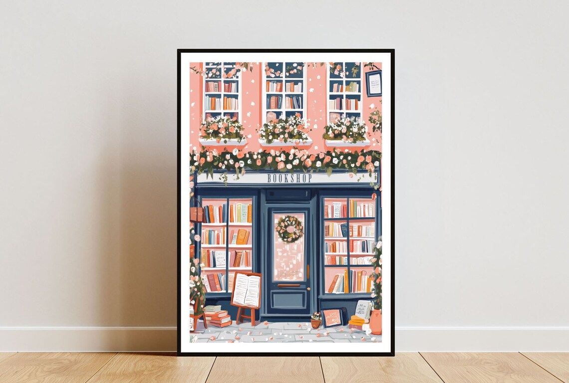 Bookshop Christmas Print, Pastel Library Wall Art
