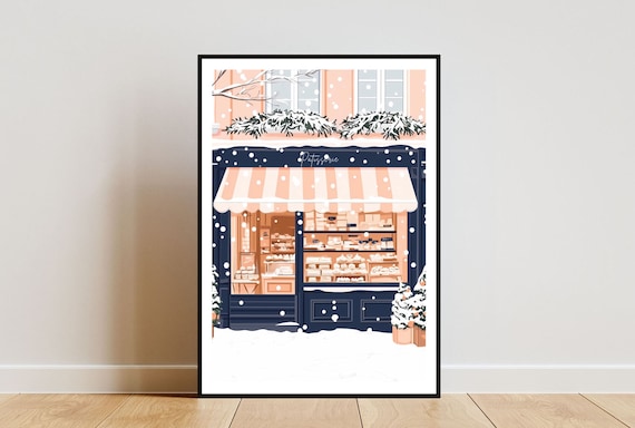 Snowy Paris Patisserie Storefront Poster With Striped Awning Winter Scene