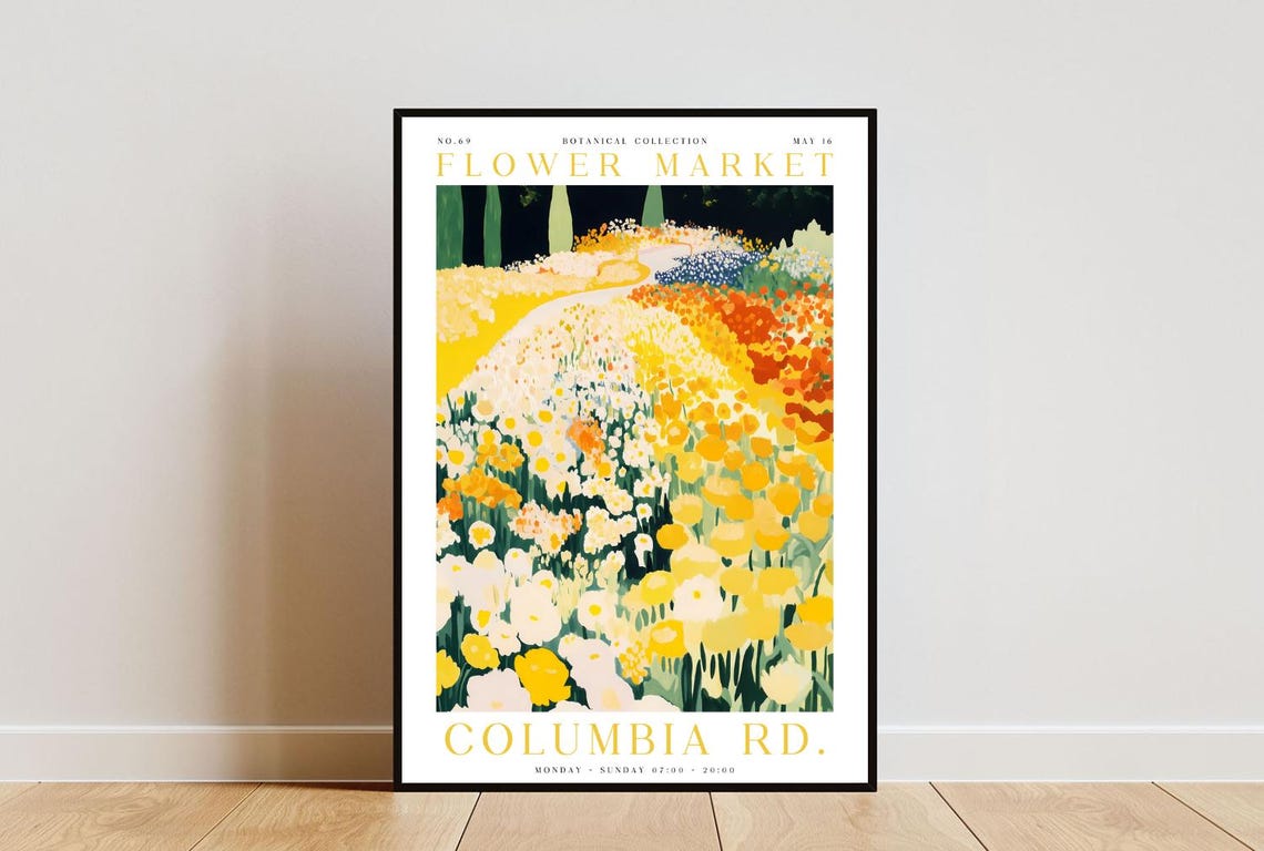 Columbia Road Flower Market Poster Columbia Road Poster Flower Market Print Flower Wall Art Botanical Poster Yellow Flower Poster