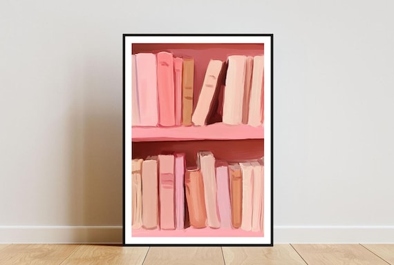 Blush Pink Bookshelf Illustration Poster with Soft Pastel Book Spines