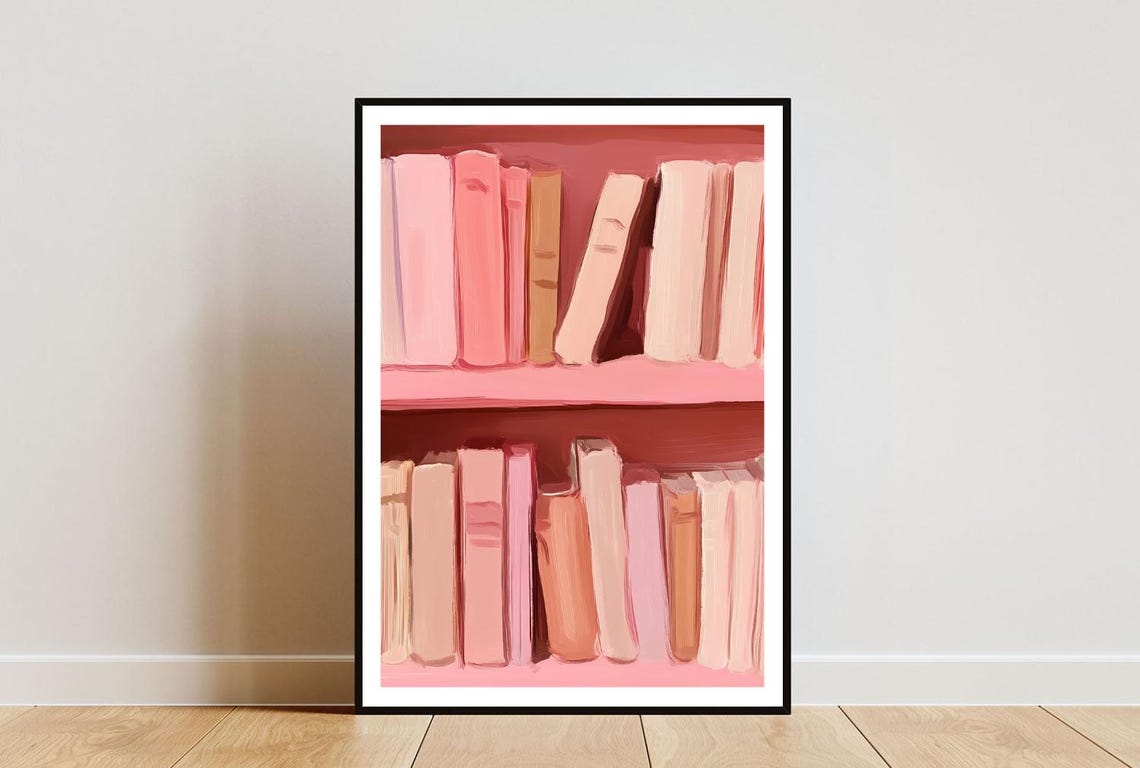 Blush Pink Bookshelf Illustration Poster with Soft Pastel Book Spines