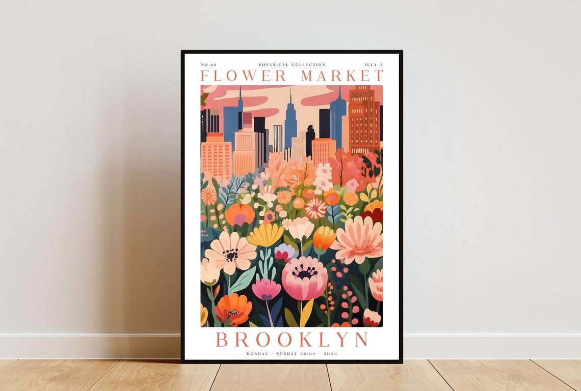 Brooklyn Flower Market Poster Brooklyn Poster Flower Market Print Flower Wall Art Botanical Poster Floral Wall Art Pink Flower Poster