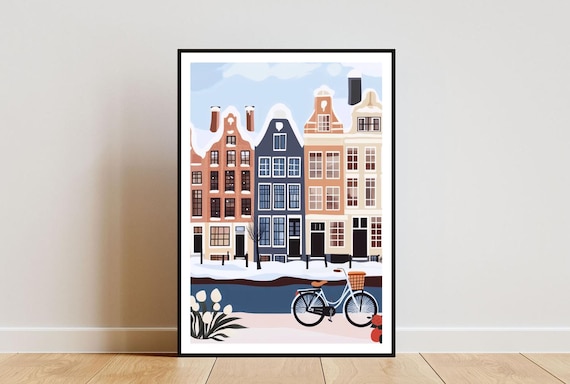 Amsterdam Winter Canal Art Print Snowy Holland Travel Wall Decor