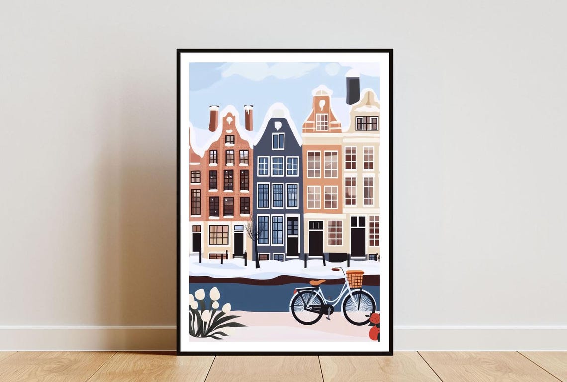 Amsterdam Winter Canal Art Print Snowy Holland Travel Wall Decor