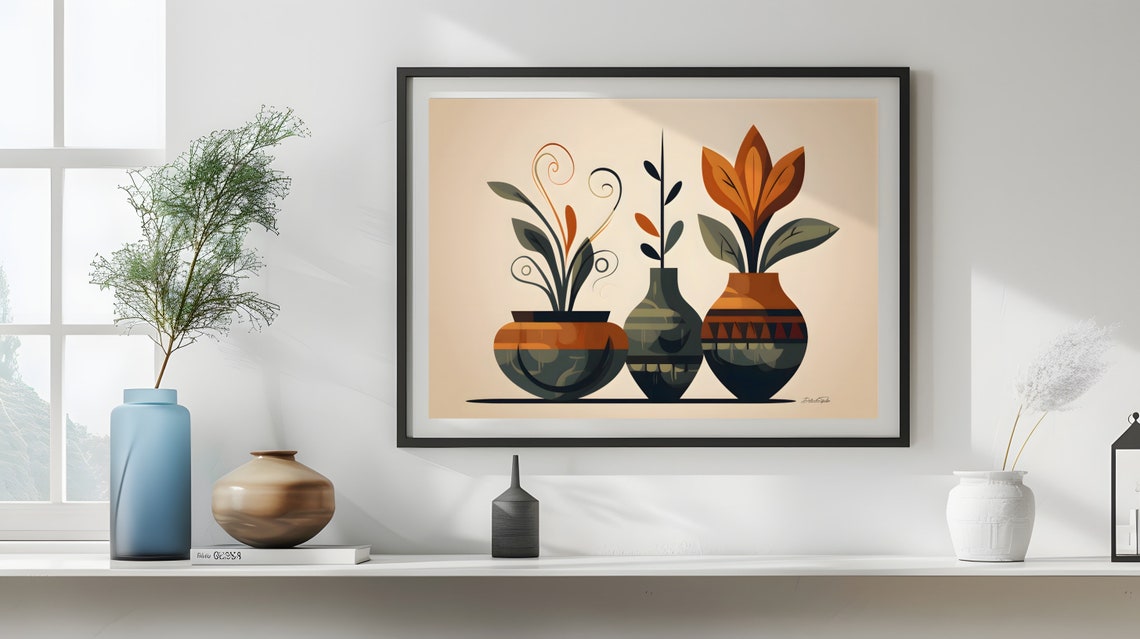 Boho African Vases With Plants Warm Minimalist Home Art Poster - Image 4