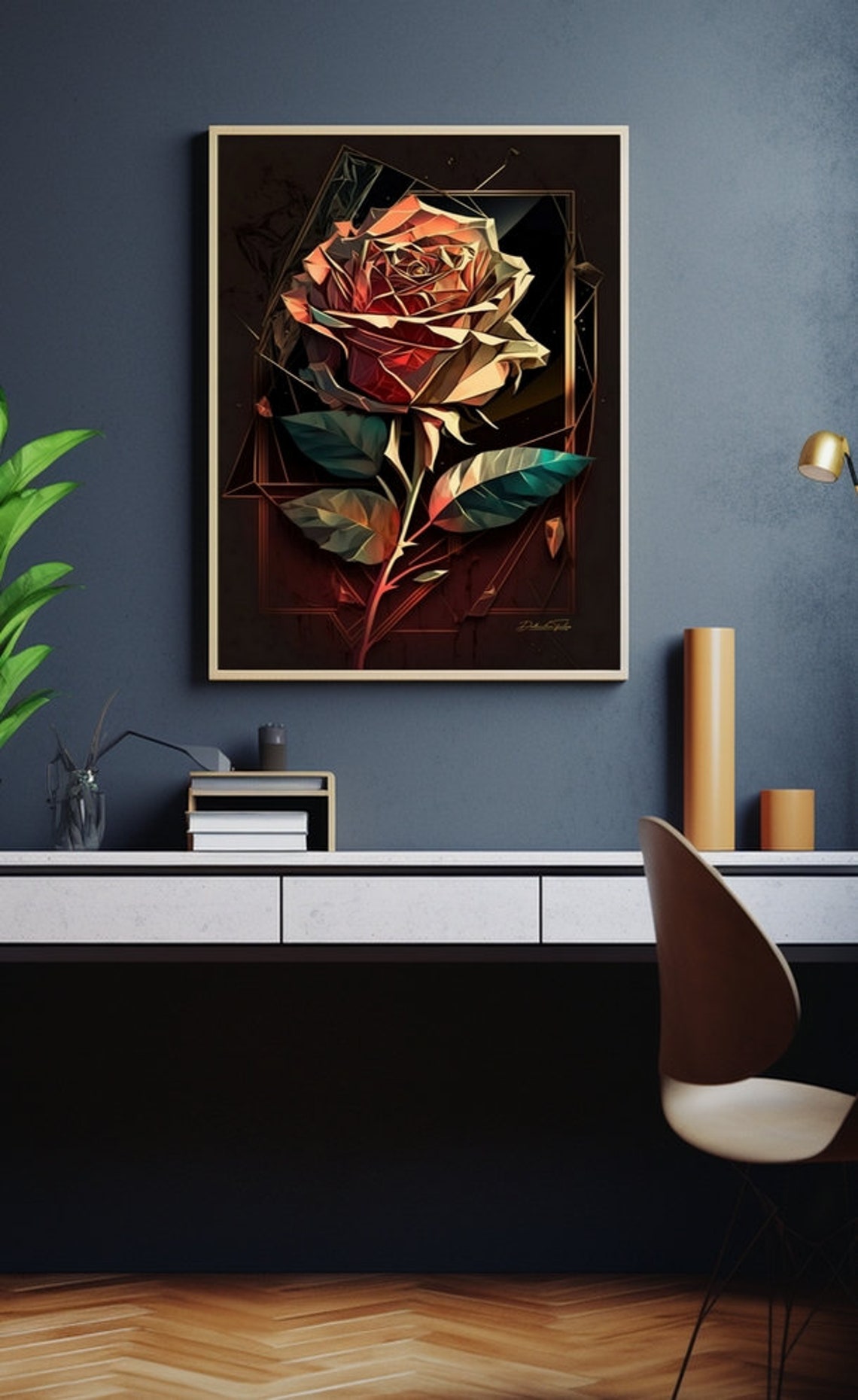 Geometric Rose Flower Dark Botanical Modern Floral Art Poster - Image 2