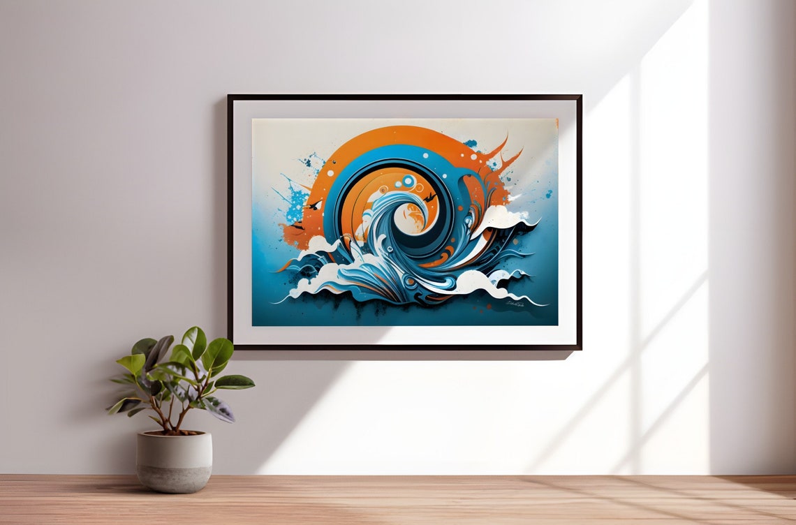 Blue and Orange Ocean Wave Abstract Modern Surf Decor Poster - Image 4
