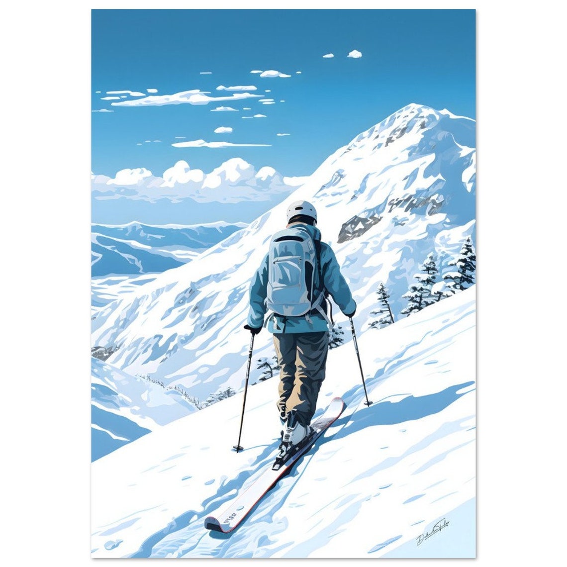 Alpine Skier Powder Slopes Blue Mountain Sports Wall Decor Poster - Image 2