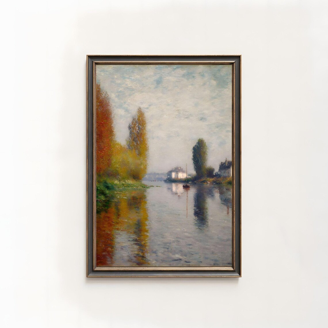 Vintage Autumn River Oil Painting, Misty Landscape