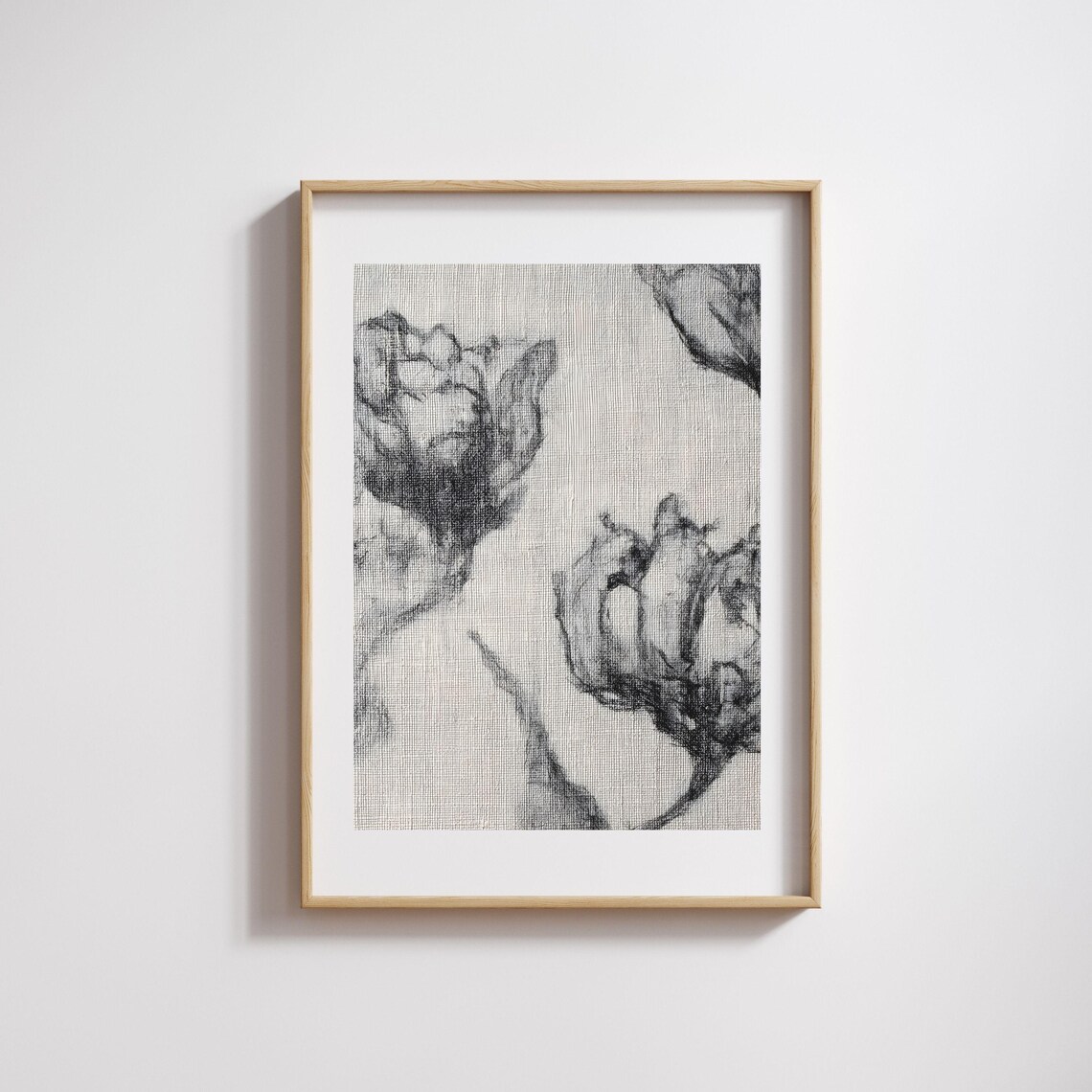 Tulip Charcoal Sketch Minimalist Floral Drawing Vintage Linen Botanical Poster