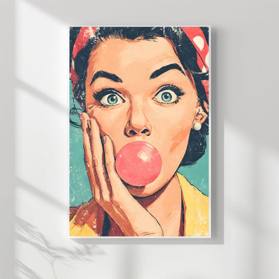 Vintage Pop Art Bubble Gum Girl Print Retro Comic Decor 165