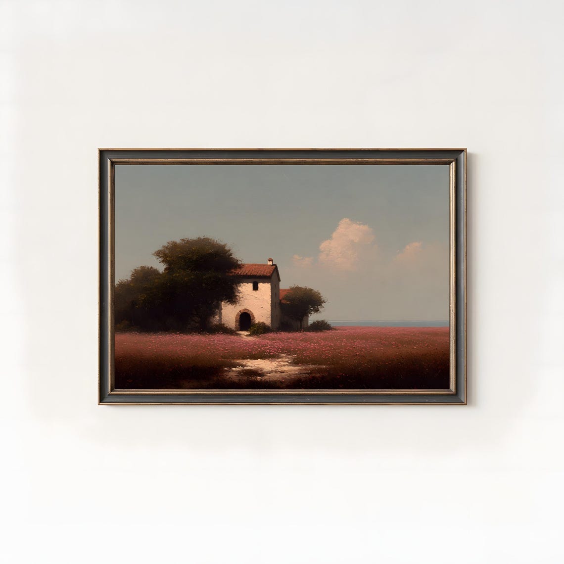 Stone Cottage Amid Pink Wildflower Field at Dusk Oil Art Poster
