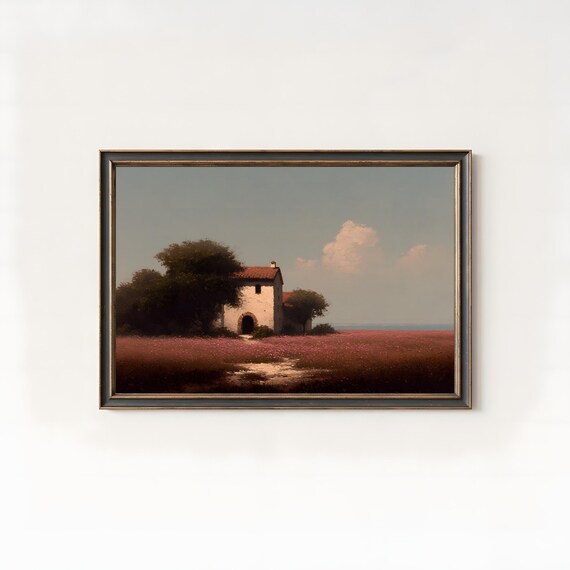 Stone Cottage Amid Pink Wildflower Field at Dusk Oil Art Poster