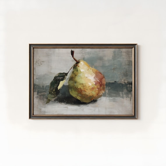 Vintage Impressionist Pear Oil Painting Minimalist Kitchen Still Life Art 522