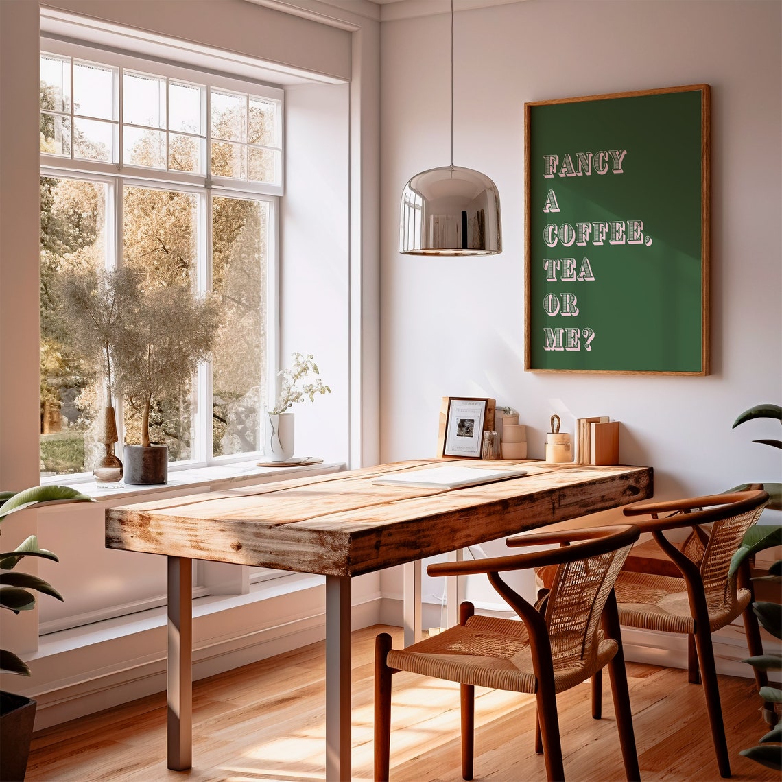 Fancy a Coffee Tea or Me Dark Green Pink Retro Kitchen Quote Poster - Image 2