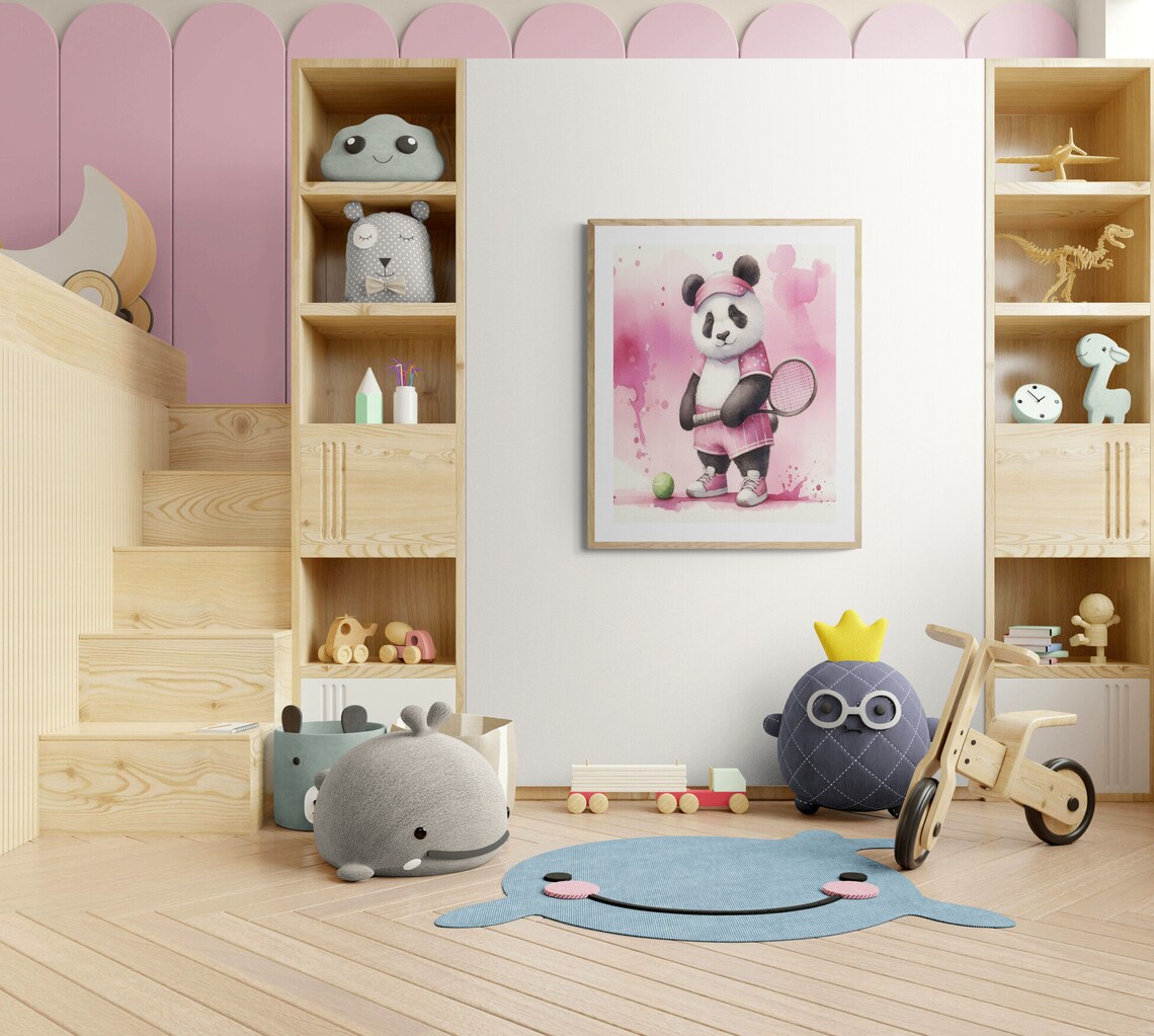 Panda Tennis Player Pink Watercolor Cute Nursery Sports Animal Poster - Image 3