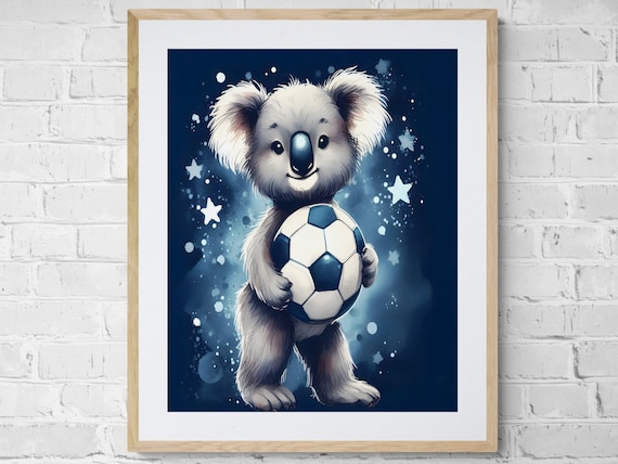 Koala Holding Soccer Ball Navy Starry Watercolor Nursery Sports Poster