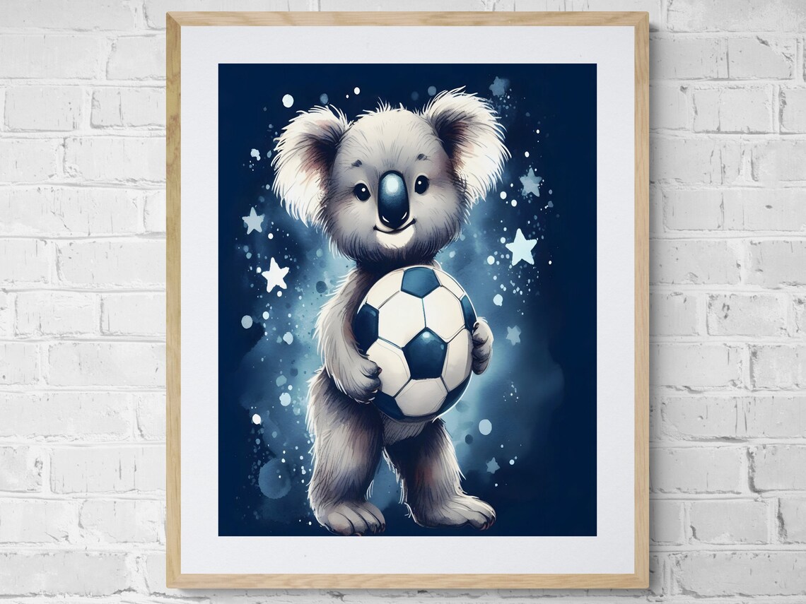 Koala Holding Soccer Ball Navy Starry Watercolor Nursery Sports Poster
