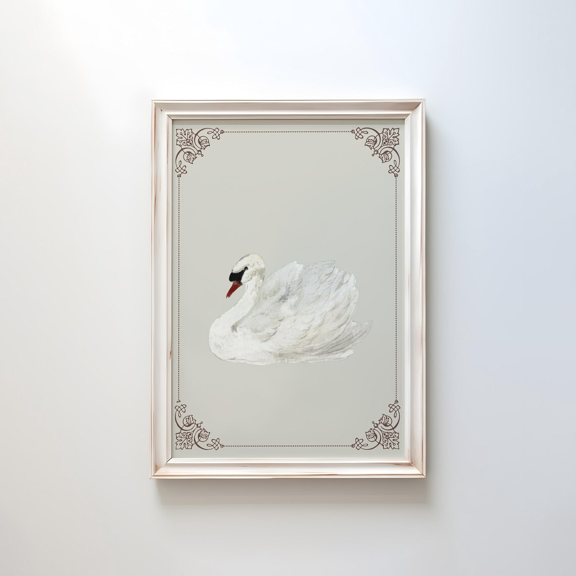 White Swan On Soft Light Grey Vintage Ornate Animal Art Poster - Image 2